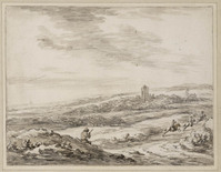 R+ 071
<br/>
Heuvelachtig Landschap met ruiters en een zittende jager
<br/>
<em>Gael, Barend (jaren'30-ca.1687)</em>